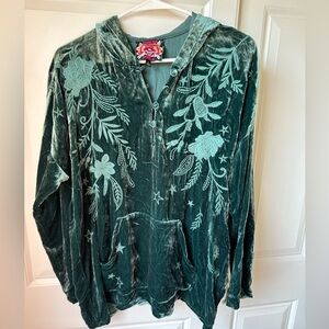 Johnny Was Teal Velvet Jacket with Pink Floral Embroidery
